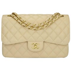 CHANEL Classic Jumbo Double Flap Bag Beige Clair Caviar mit Gold Hardware 2015