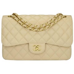 Chanel Beige Clair Quilted Caviar Medium Classic Double Flap Gold