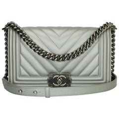 CHANEL Old Medium Chevron Boy Bag Silver Caviar with Ruthenium Hardware 2016