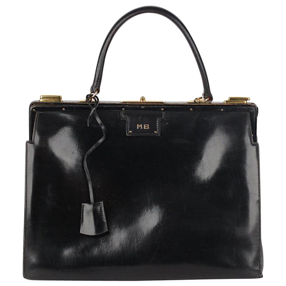 Hermes Vintage Rare Black Leather Sac 404 Top Handle Bag