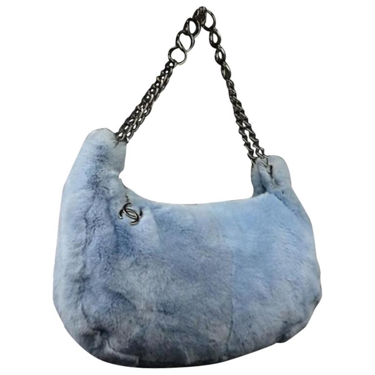 Chanel Hobo Chain 218318 Blue Rabbit Fur Shoulder Bag