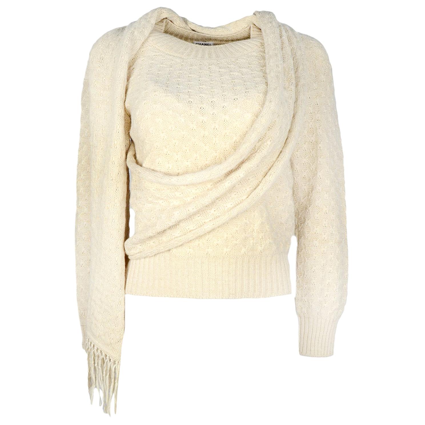 Chanel Cream Knit Sweater W/ Attached Scarf Sz 38