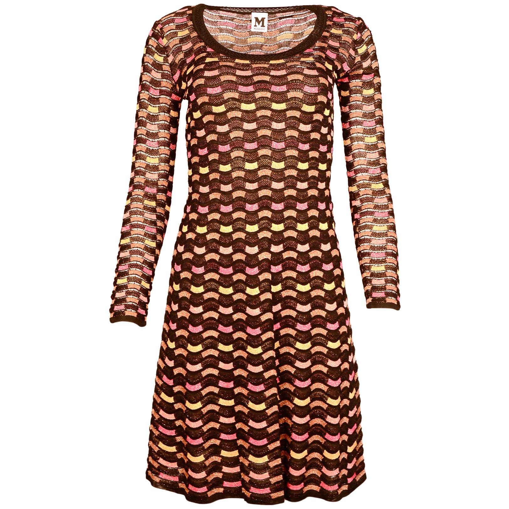 Missoni NWT Black/Multi-Color Checkered Longsleeve Knit Dress W/ Slip Sz 40 For Sale