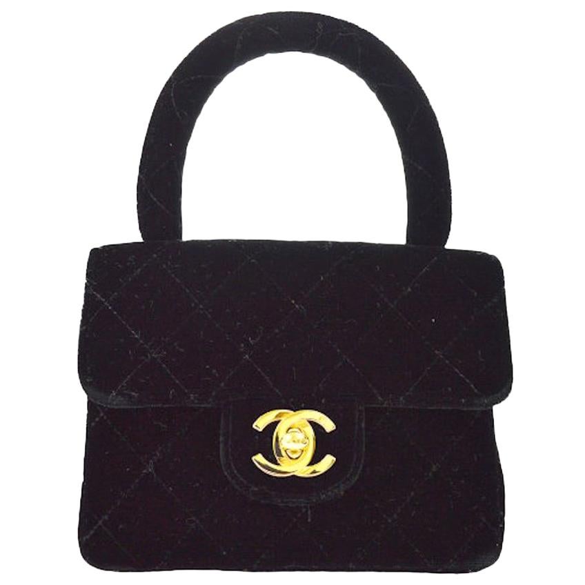 Chanel Black Velvet Top Handle Satchel Kelly Style Mini Party Evening Bag