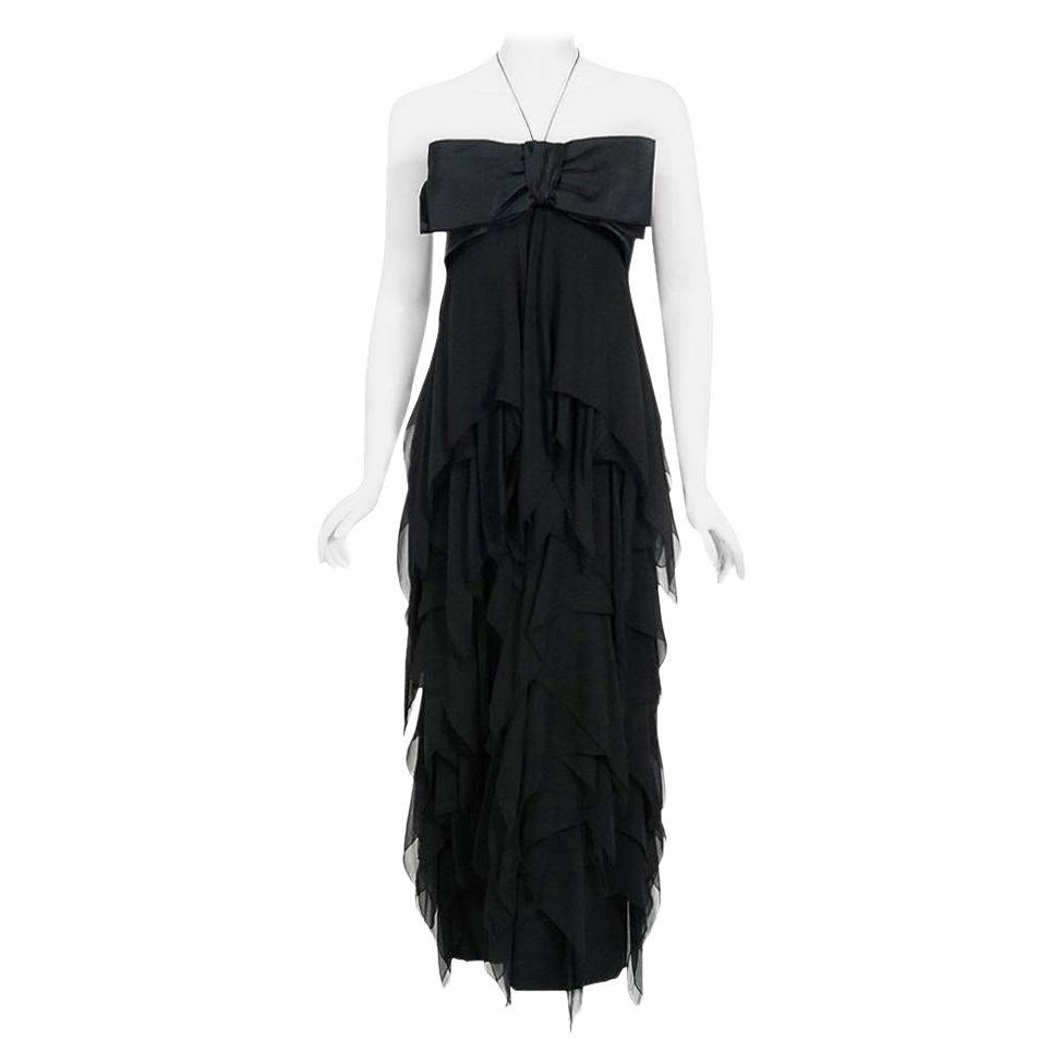 Vintage 1970s Pauline Trigere Black Silk Chiffon & Satin Halter-Bow Tiered Dress For Sale