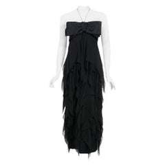 Retro 1970s Pauline Trigere Black Silk Chiffon & Satin Halter-Bow Tiered Dress