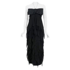 1970's Pauline Trigere Black Silk Chiffon & Satin Halter-Bow Tiered Disco Dress