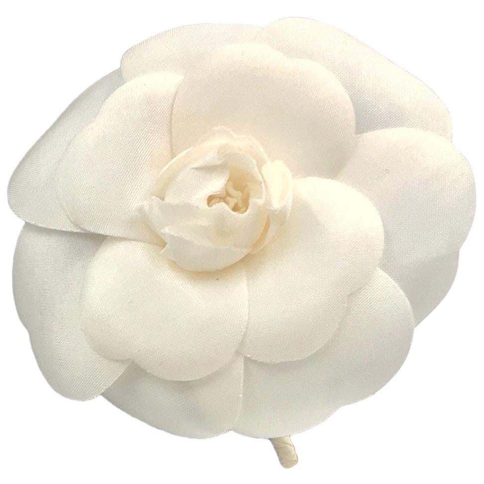 Chanel White Silk Camellia Brooch