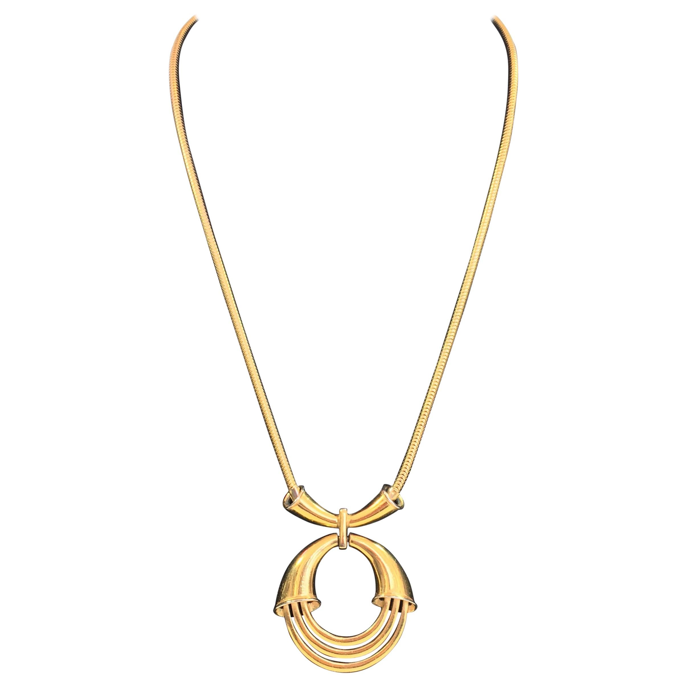 Trifari Circular Design Gold Tone Necklace with Round Snake Chain For Sale