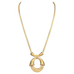Retro Trifari Circular Design Gold Tone Necklace with Round Snake Chain