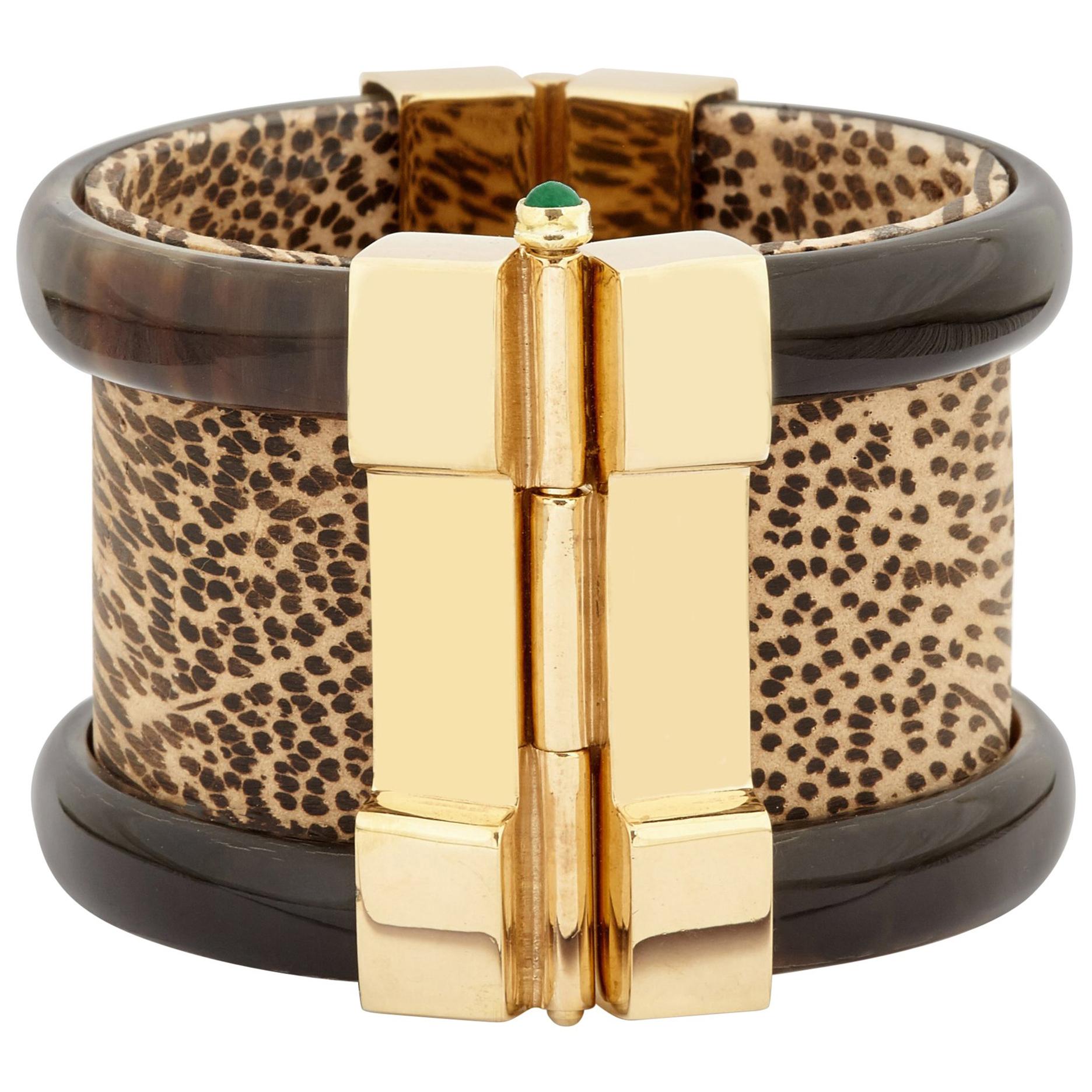 Cuff Bracelet Gold Emerald Ruby Leopard  For Sale