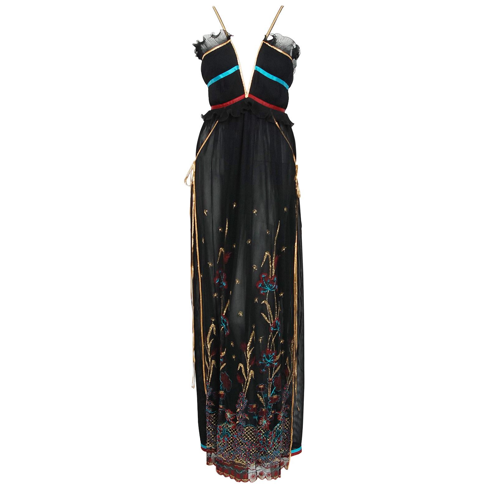 1976 Bill Gibb Pleated Silk & Embroidered Tulle Low-Plunge Metallic Ribbon Gown 