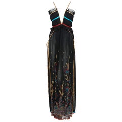 Vintage 1976 Bill Gibb Pleated Silk & Embroidered Tulle Low-Plunge Metallic Ribbon Gown 