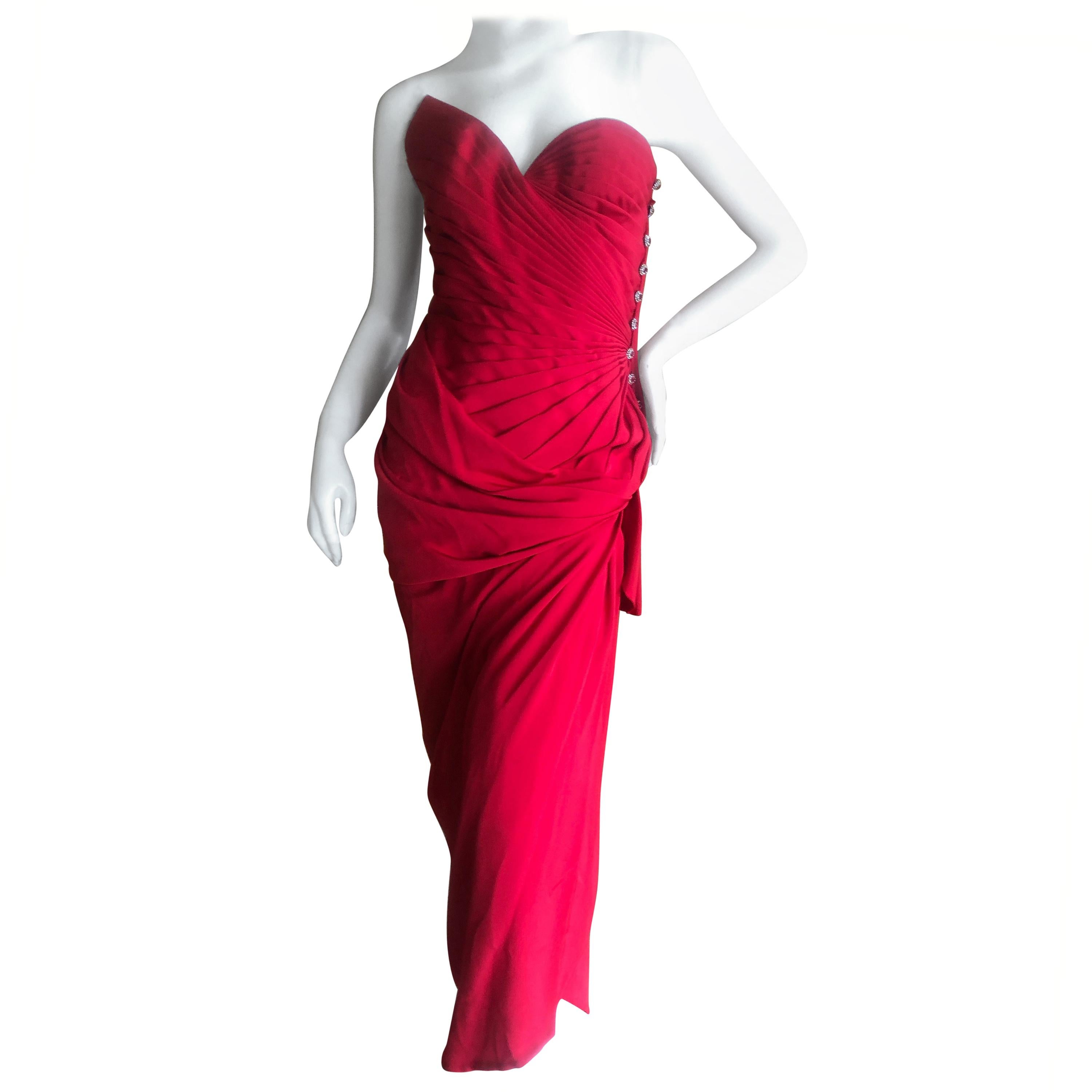 Emanuel Ungaro Numbered Haute Couture Fall 1984 Red  Strapless Evening Dress For Sale