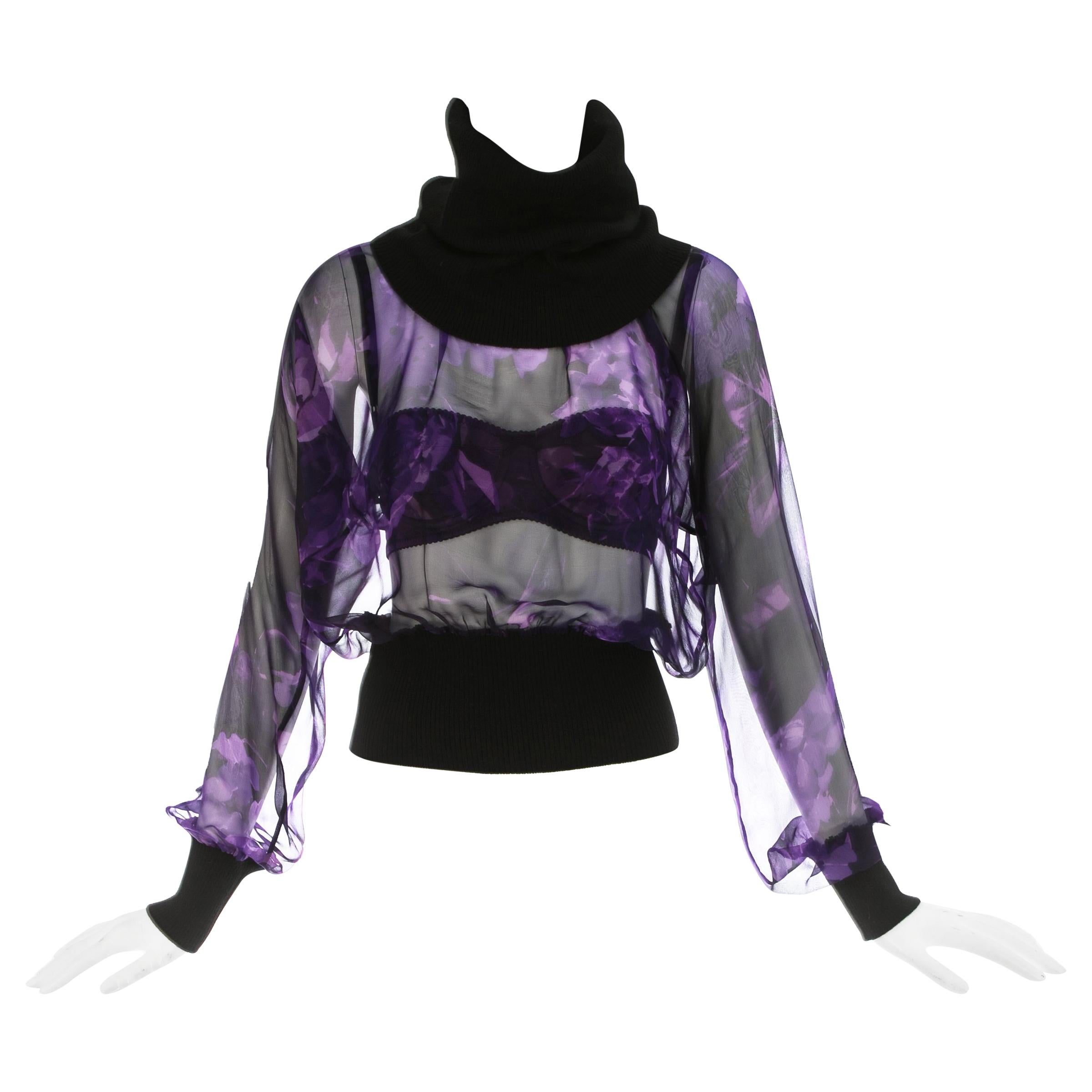 Dolce & Gabbana purple silk chiffon blouse and satin bra 2-piece set, fw 1999