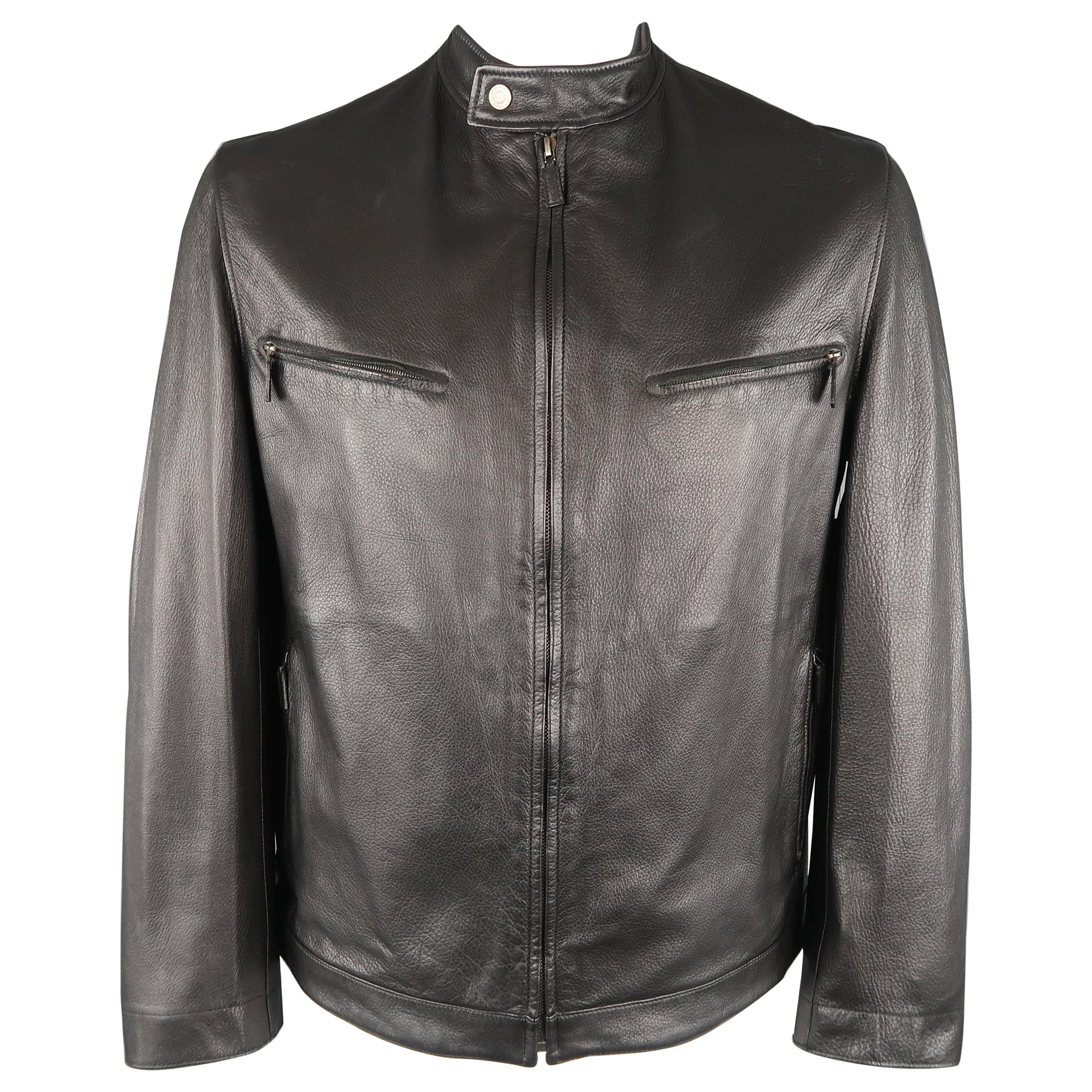 GUCCI 42 Black Textured Leather Zip Up Band Collar Motorcycle Jacket