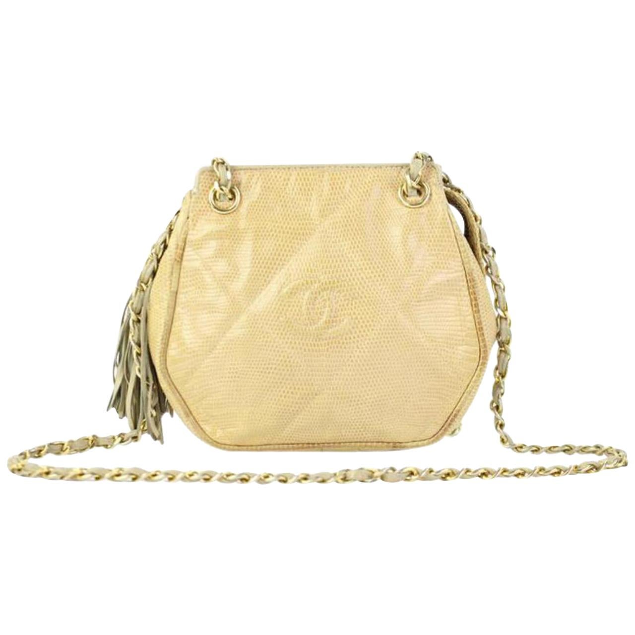 Chanel Boy Camera Quilted Lizard Chain 217004 Beige Leather Shoulder