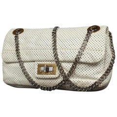 Vintage Chanel Classic Lambskin Perforated Drill Flap 217517 White Leather Shoulder Bag
