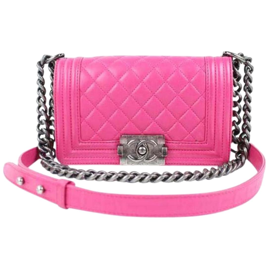 Chanel Boy Small Lambskin Le 9617ct13 Hot Pink Leather Shoulder Bag For Sale