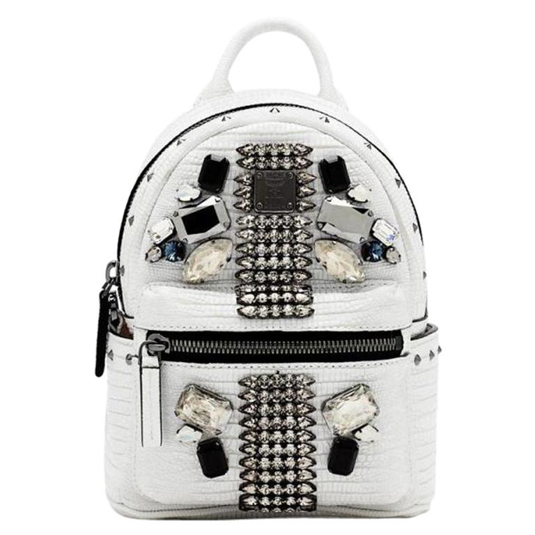 MCM Mini Swarovski Special 829mct15 White Leather Backpack For Sale