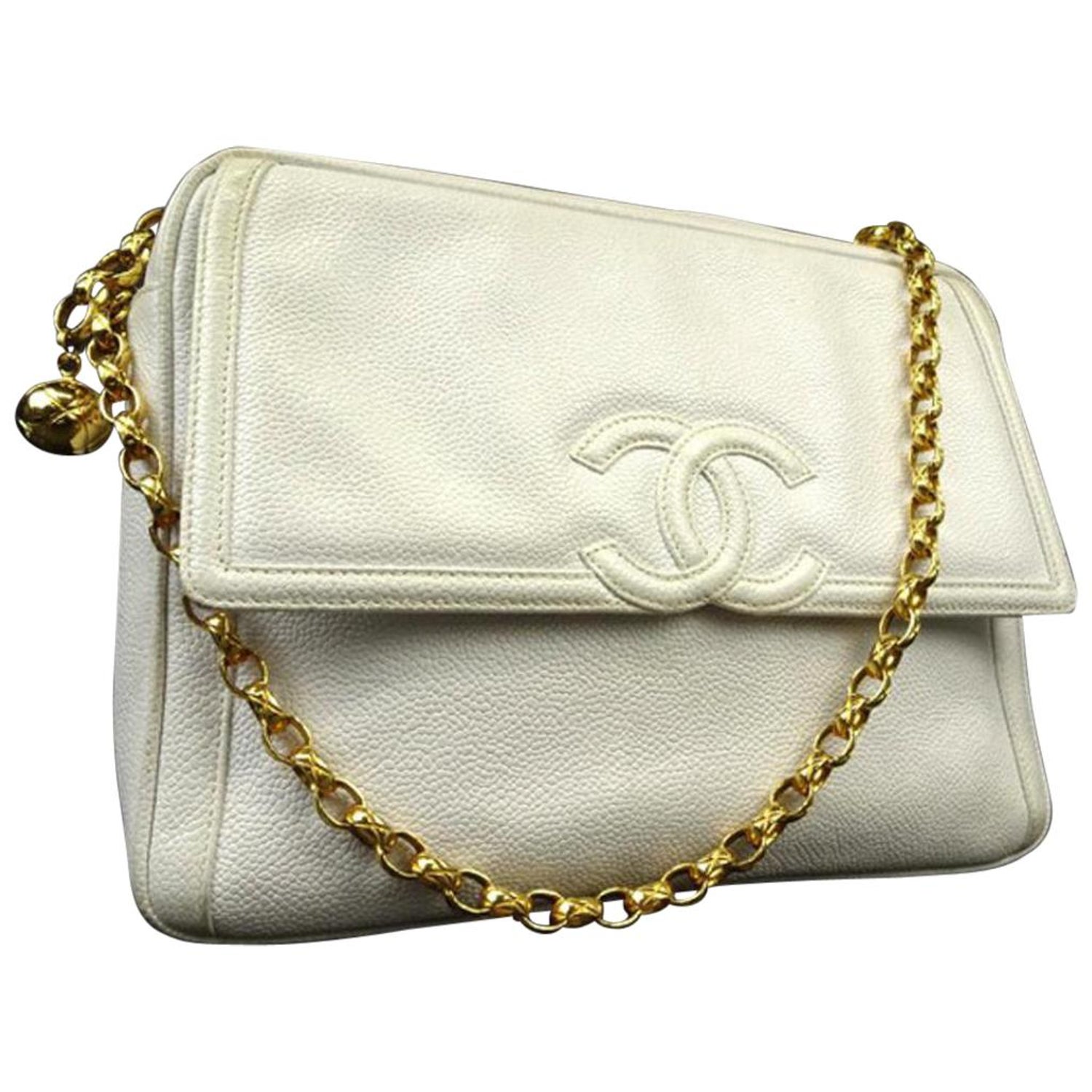 Chanel Camera Large Caviar Cc Logo Flap 220510 White Leather Shoulder Bag  For Sale at 1stDibs