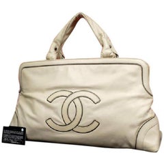 Vintage Chanel ( Extra Large ) Cc Travel Duffle 217630 Ivory Leather Satchel