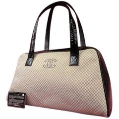 Vintage Chanel Quilted Woven Satchel 217802 Black X Beige Cotton Blend Shoulder Bag