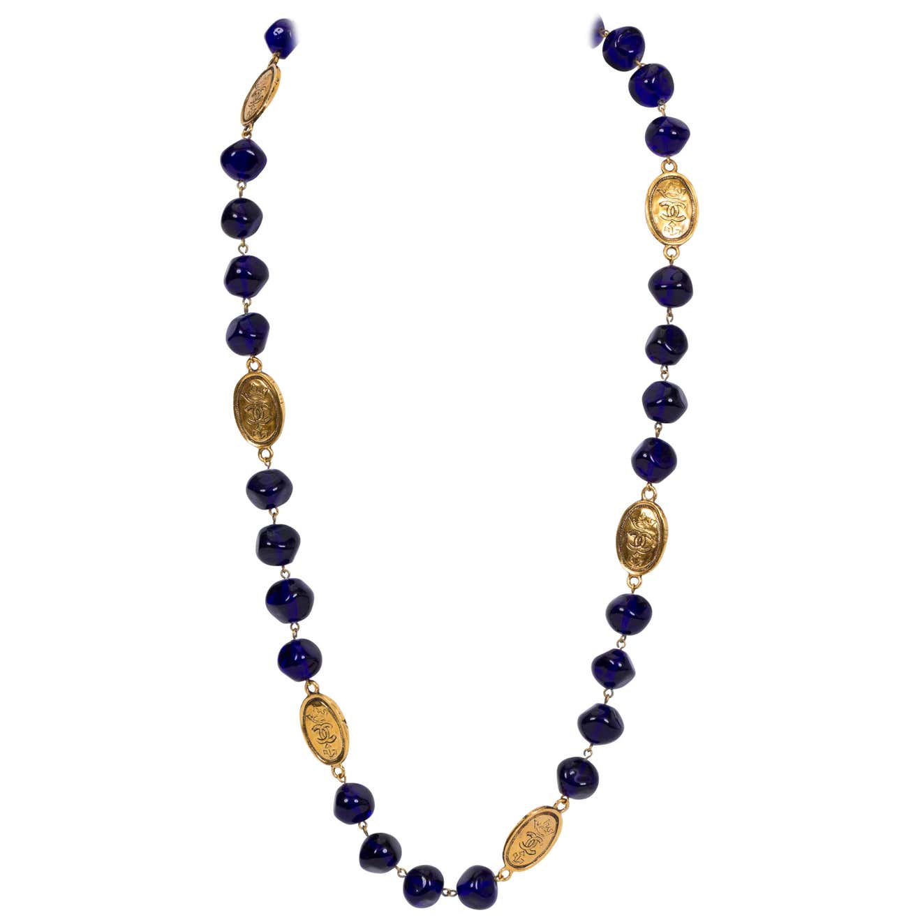 1980's Chanel Blue Gripoix Coin Necklace at 1stDibs