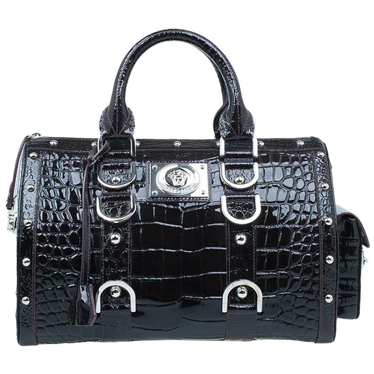 Versace Purple Croc Embossed Patent Leather Snap Out Of It Satchel Bag