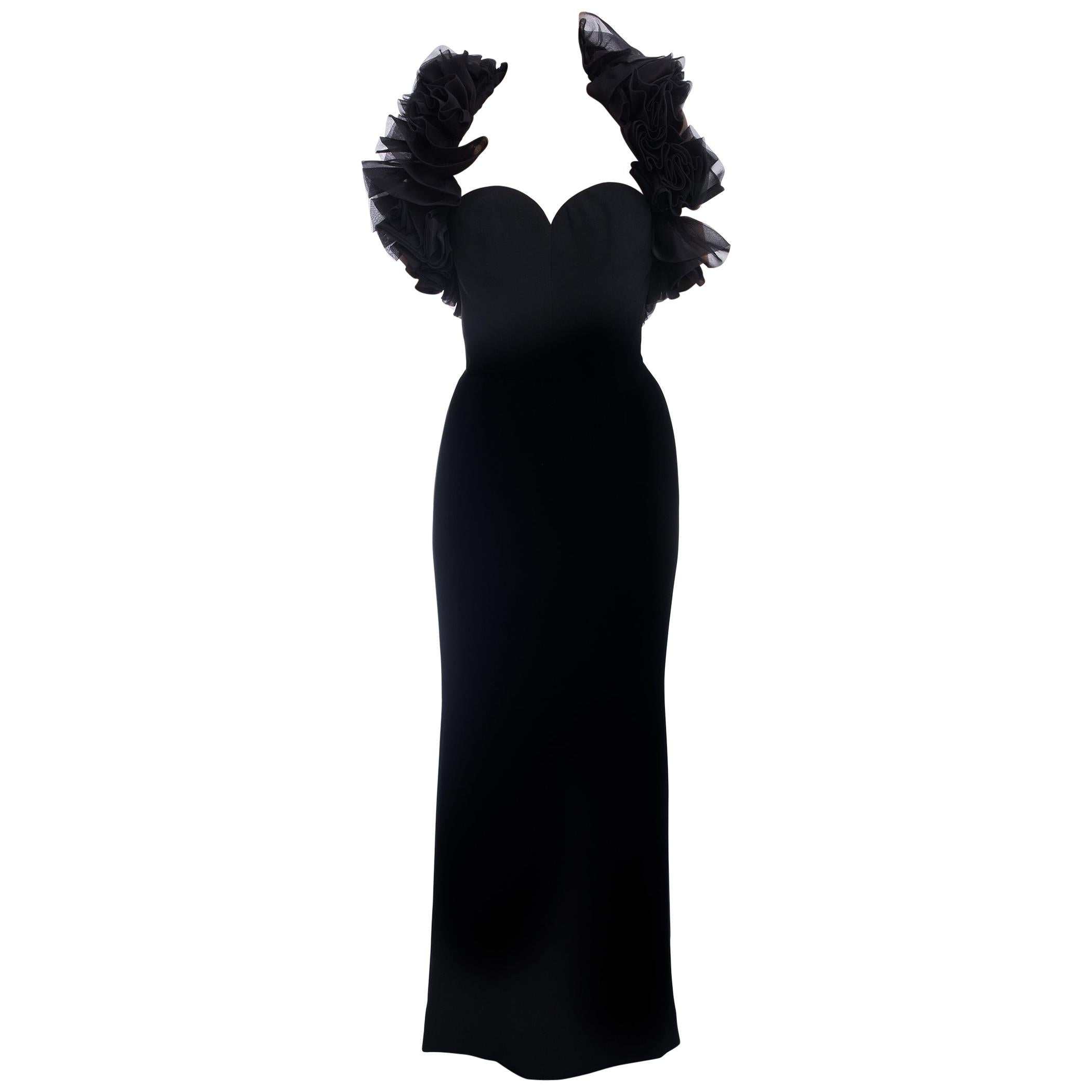 Yves Saint Laurent Haute Couture Vintage 1990’s Black Ruffle Evening Gown For Sale