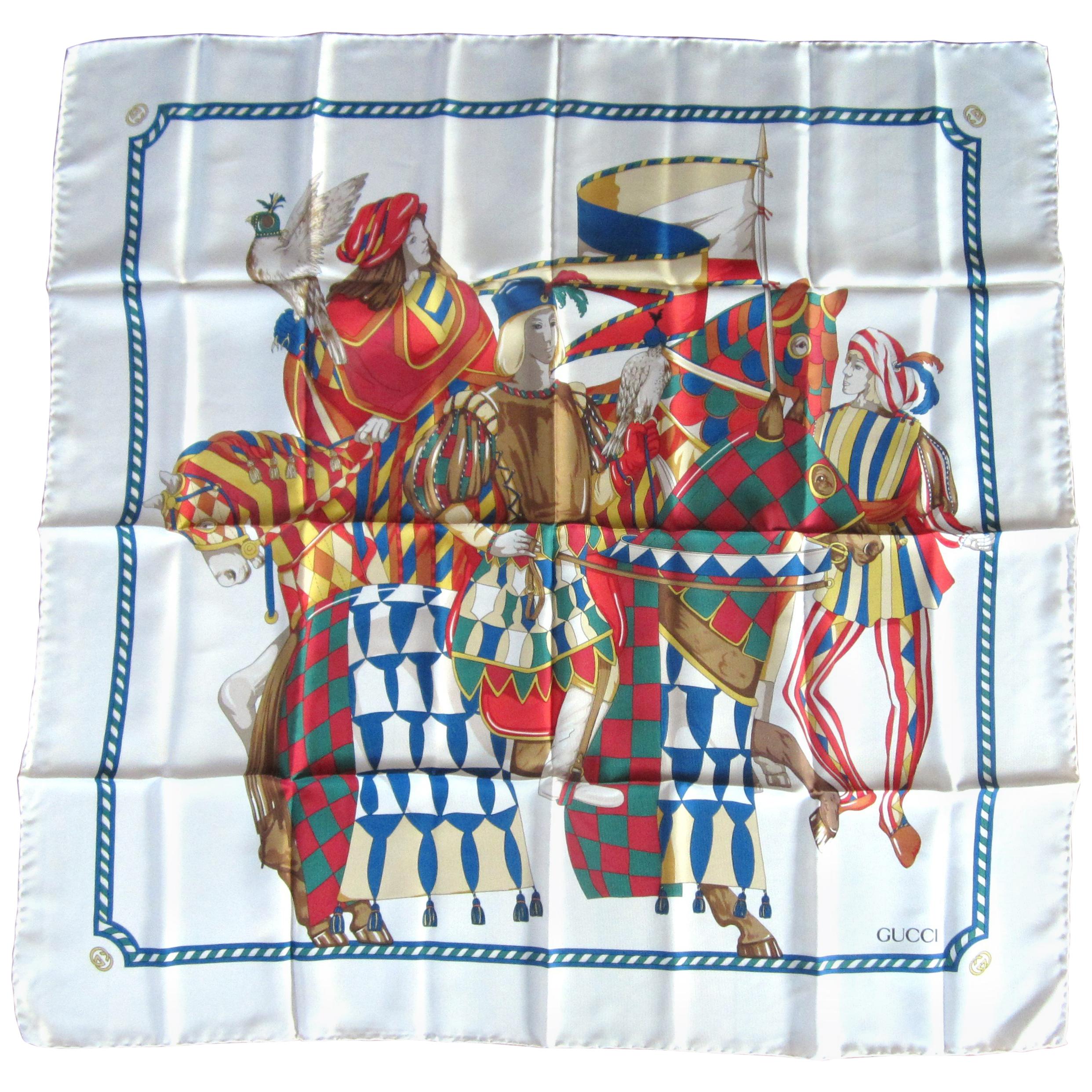 Gucci Silk Scarf Horse Bird Scene Vibrant Red, Green Blue New, Never Worn 1990s  For Sale