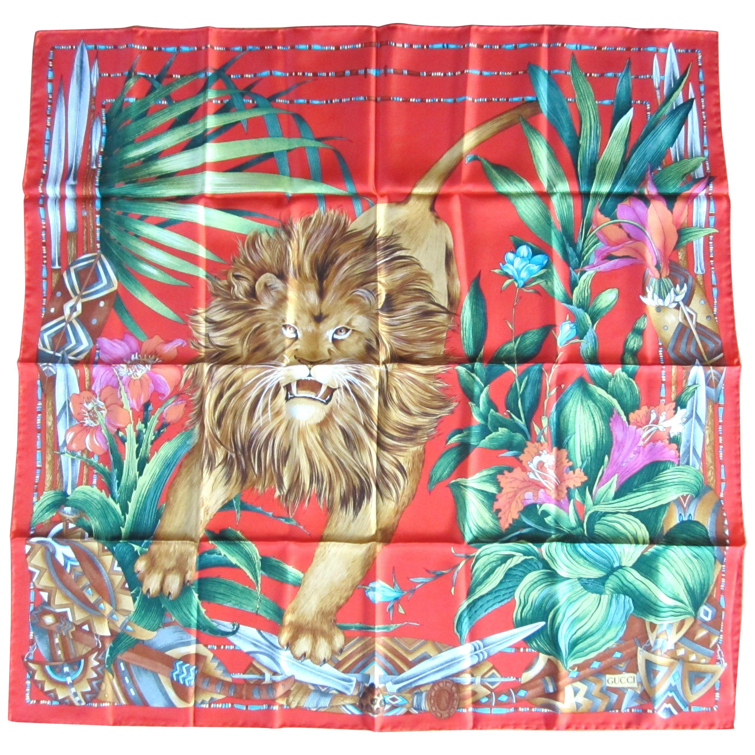 Gucci  Silk Scarf Lion & Floral Vibrant Red Green New, Never worn 1990s 