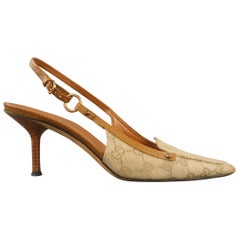 GUCCI Size 9 Beige Guccissima Canvas & Tan Leather Slingback Pumps