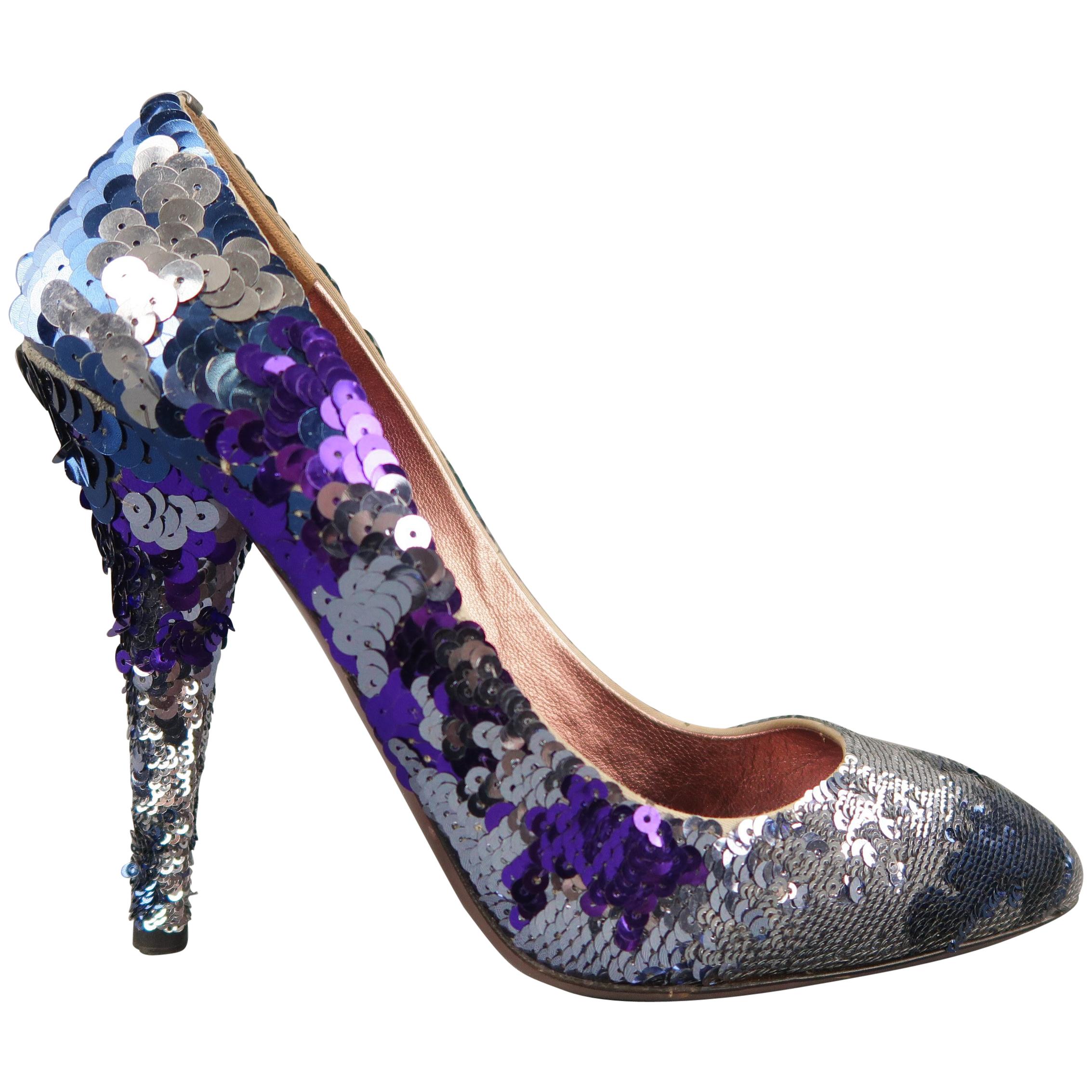 MIU MIU Size 10 Navy and Silver Purple Sequin Pumps Sale at | pumps size 10, navy blue sequin pumps