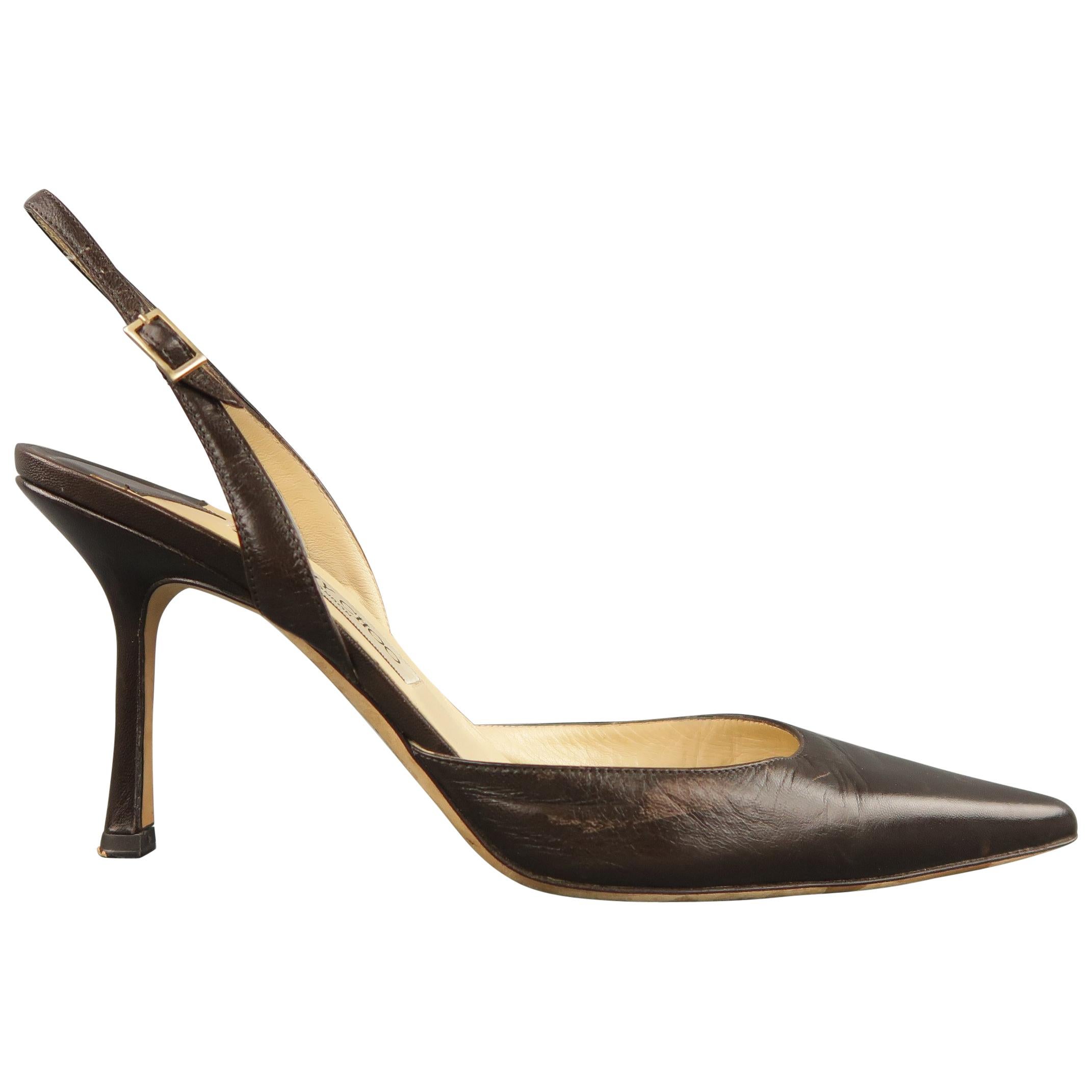 JIMMY CHOO Size 12 Brown Leather Pointed Slingback Pumps at 1stDibs