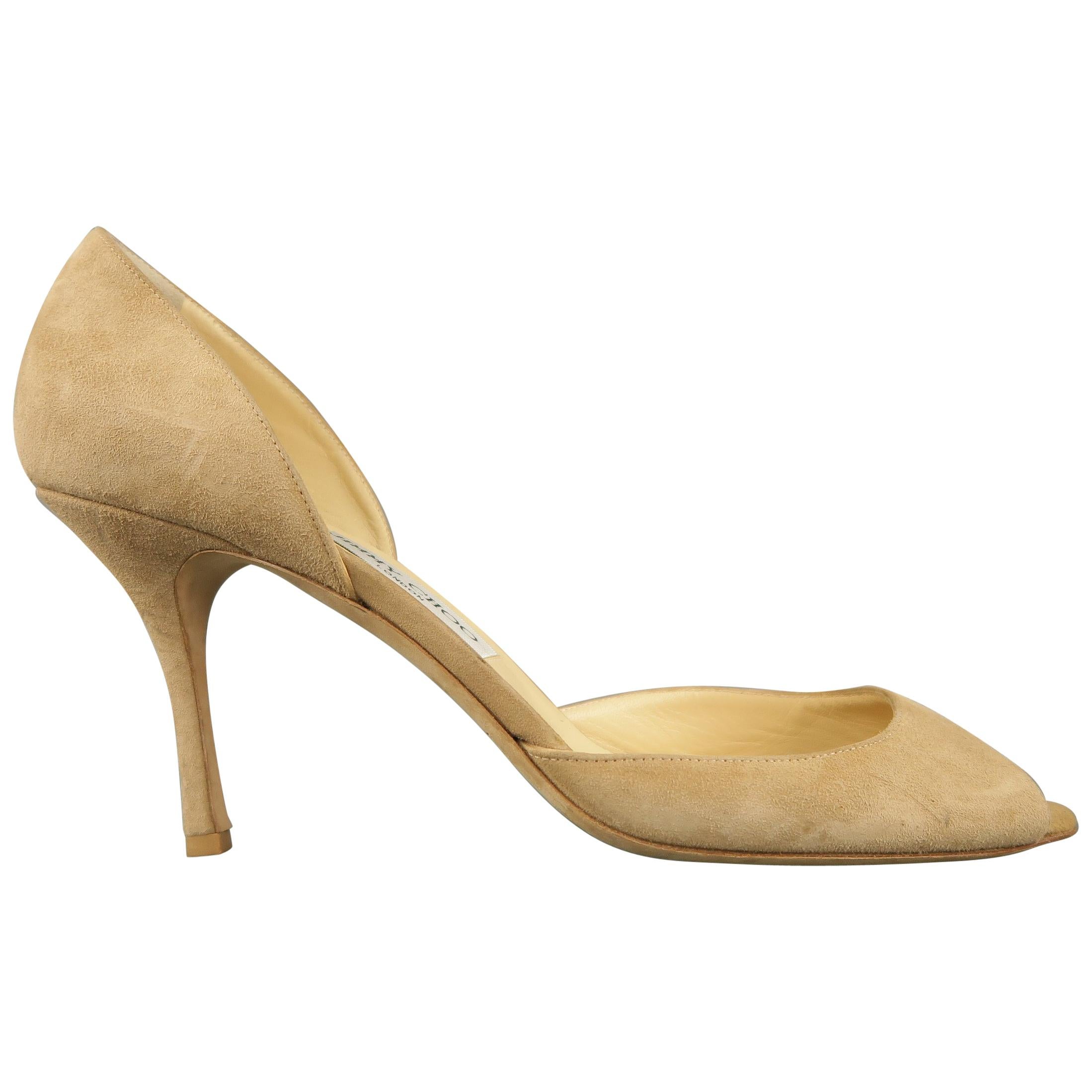 JIMMY CHOO Size 12 Tan Beige Leather Cutout Toe Pointed Pumps