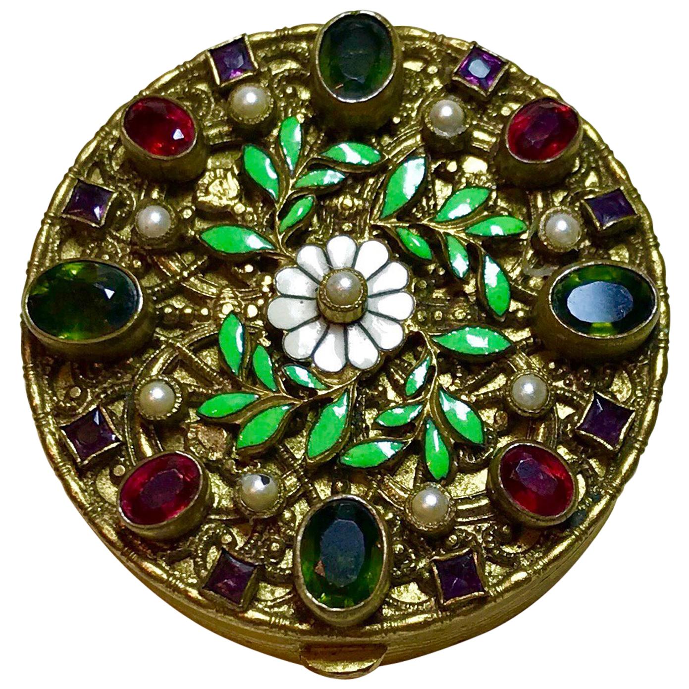 Circa 1920s Austrian Jeweled and Enameled Powder Compact  For Sale