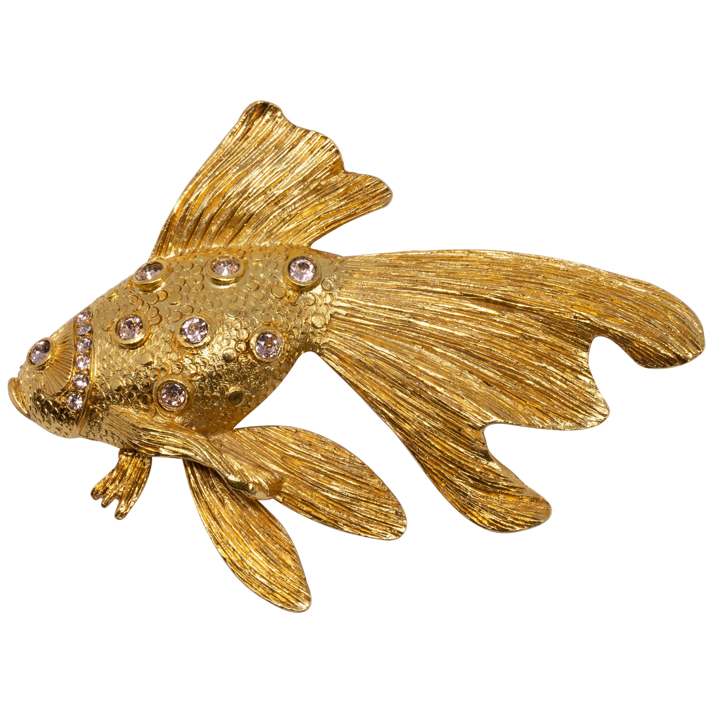 Oscar de la Renta Clear Crystal Fish Stone Brooch, Pin, in Goldtone For Sale