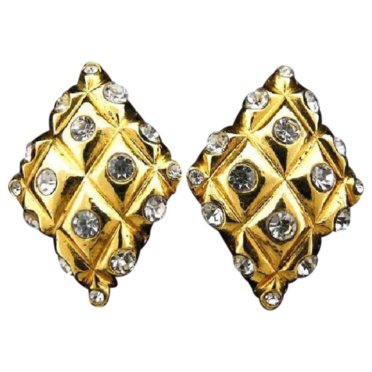 Chanel Gold Quilted Diamond Crystal 219452 Earrings For Sale at 1stDibs