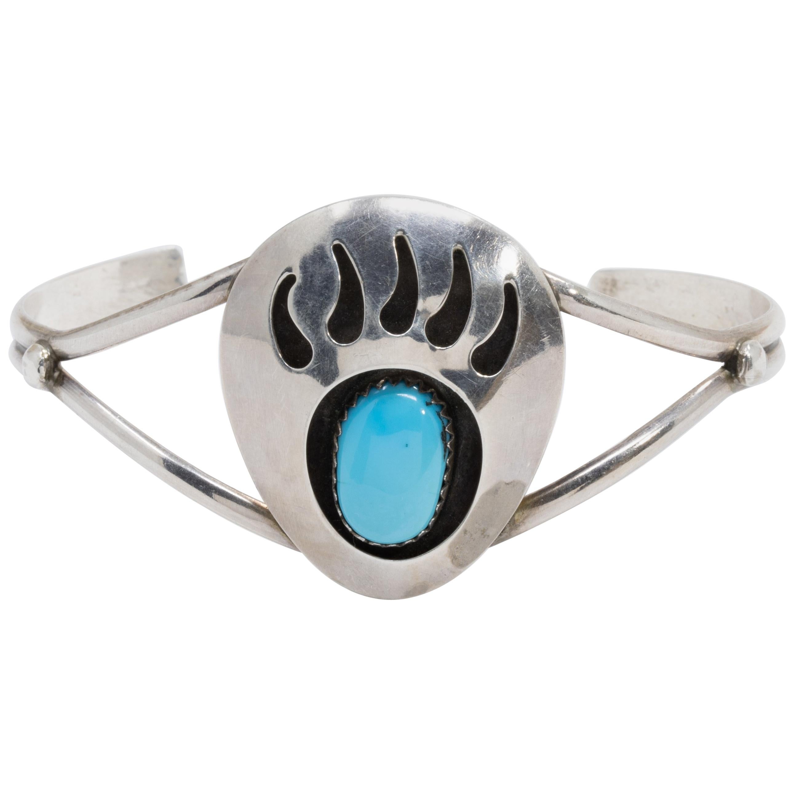 Native American Bear Claw Sterling Silver Tapered Cuff Bracelet with Turquoise