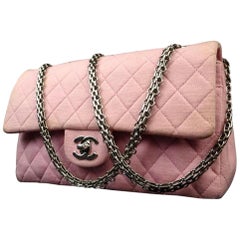 Vintage Chanel Classic Flap Quilted Medium 220522 Pink Cotton Shoulder Bag