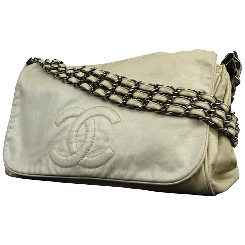 Chanel Jumbo Triple Chain Flap 220468 Ivory Leather Shoulder Bag For Sale