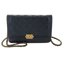 Vintage Chanel Navy X Green Wallet on Chain Boy Quilted Le 86513 Wallet