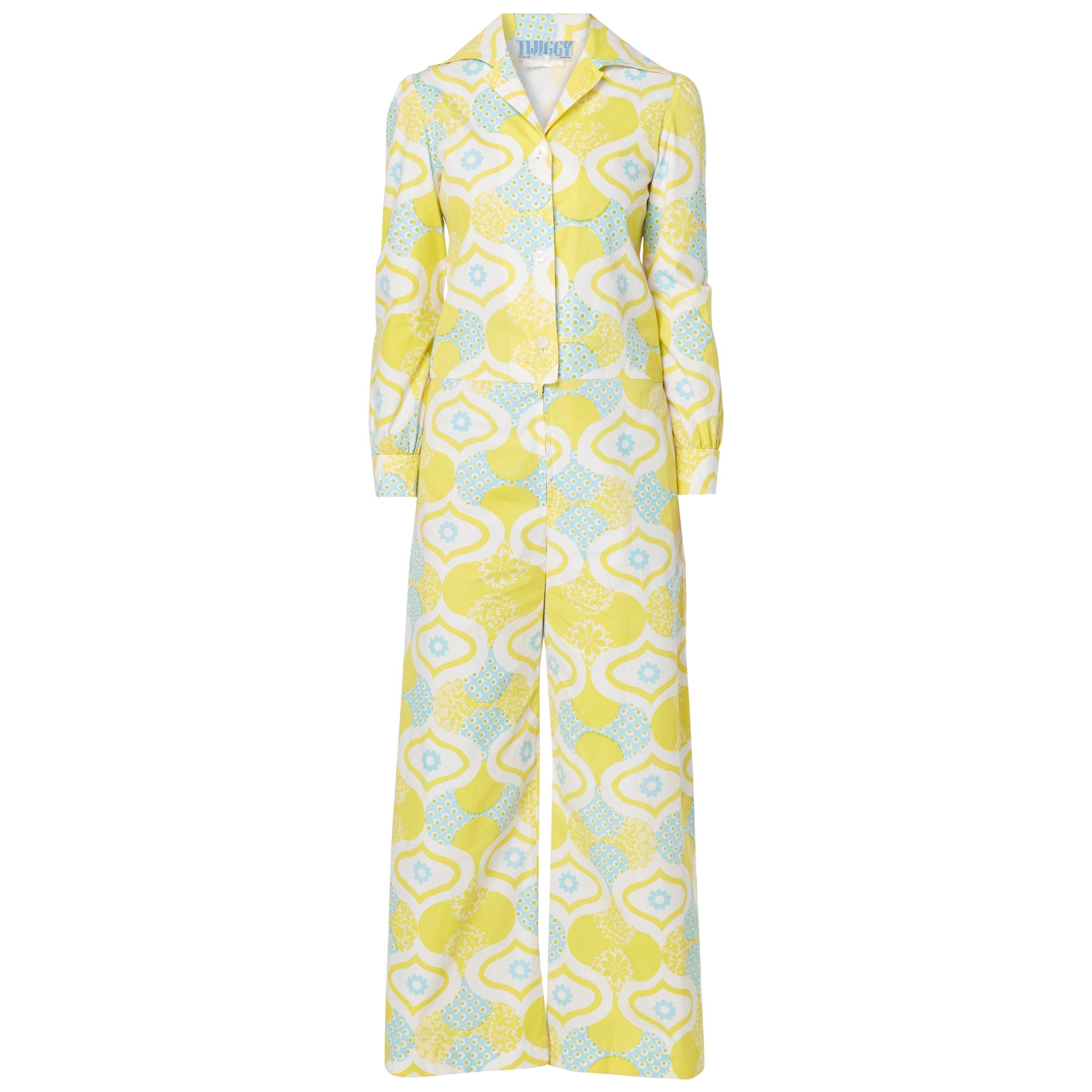 Twiggy yellow & blue print jumpsuit, circa 1967 For Sale