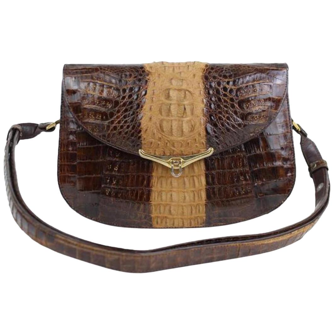 Bicolor Flap 11mt915 Chocolate Crocodile Skin Leather Cross Body Bag For Sale