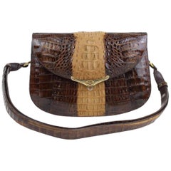 Vintage Bicolor Flap 11mt915 Chocolate Crocodile Skin Leather Cross Body Bag