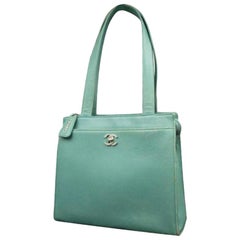 Vintage Chanel Caviar Turnlock Tote 223152 Mint Green Leather Shoulder Bag