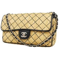 Vintage Chanel Classic Flap Quilted 221941 Beige X Black Straw Shoulder Bag