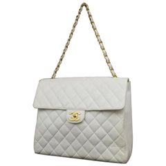 Vintage Chanel Extra Large Jumbo Caviar Flap 223129 White Leather Shoulder Bag