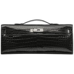 Hermès Kelly Shiny Porosus Crocodile with Diamonds Black Clutch